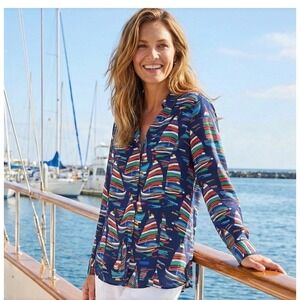 SOFT‎ SURROUNDINGS Sail Away Long Sleeve Button Tunic Medium Navy Sailboat Print